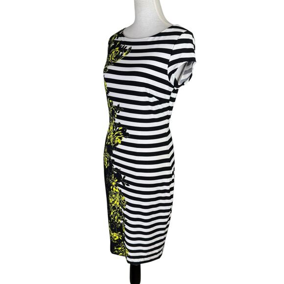 Cache Black & White Stripe Yellow Floral Print Jersey Knit Stretch Sheath Dress - Picture 2 of 10